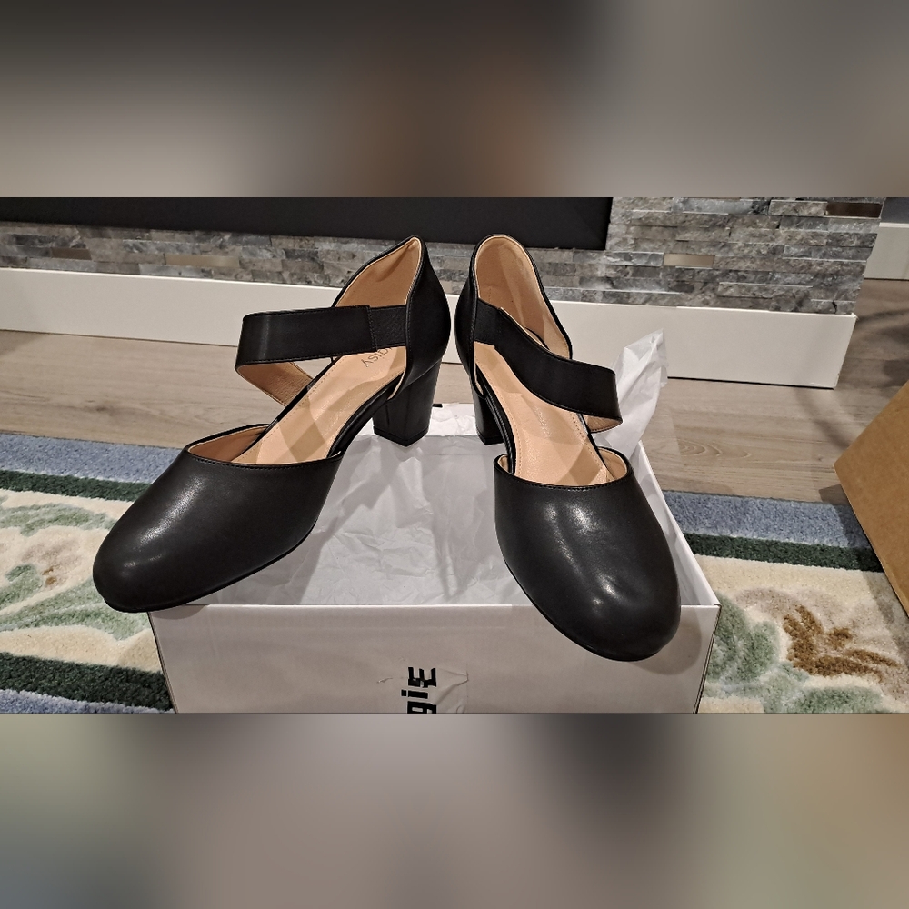 Black Mary Jane Chunky Heels with Crossed Strap D'Orsay Office Shoes